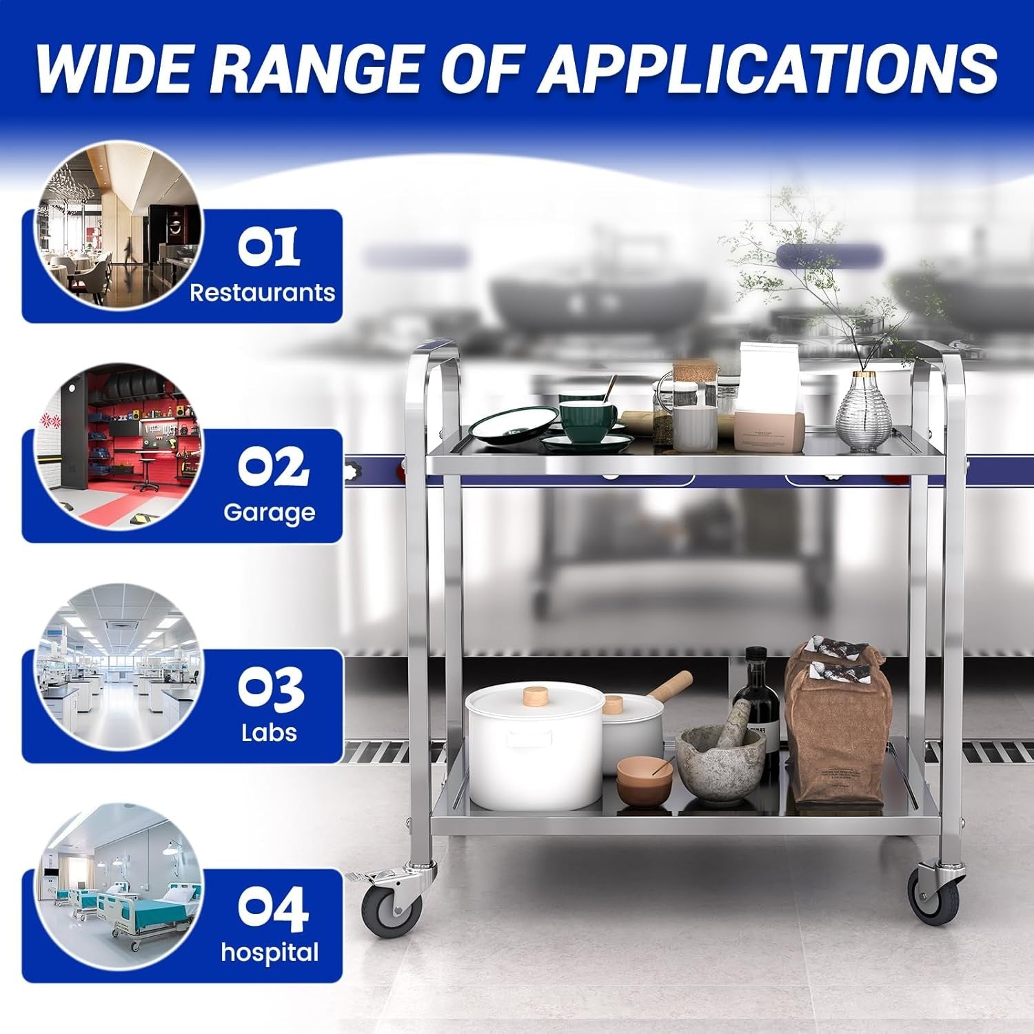 Stainless Steel Kitchen Trolley 2 Tier Service Cart Locking Wheels Utility