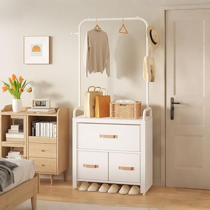 Modern Floor Standing Coat Rack with Drawers & Hooks – Bedroom Entryway Storage
