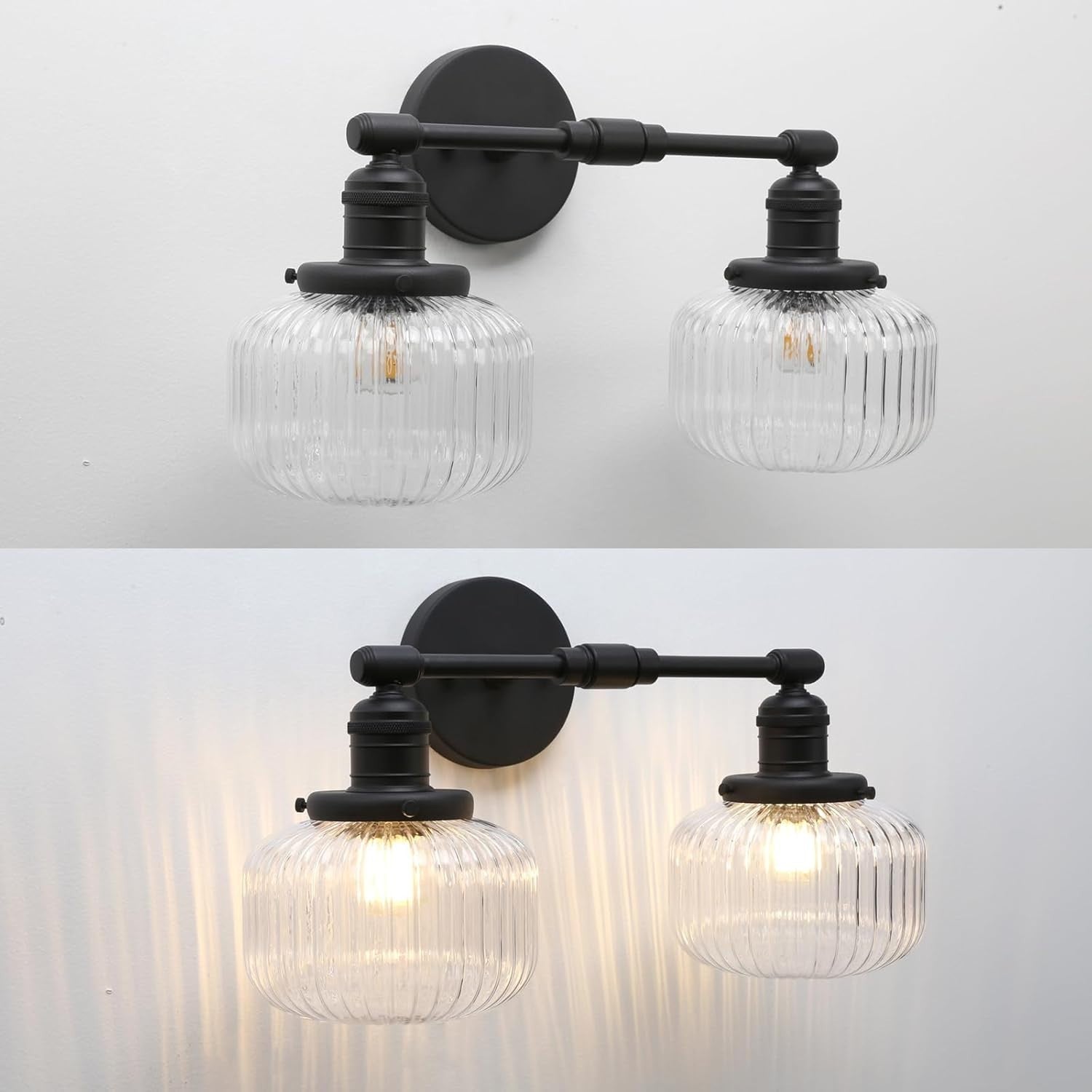 Industrial 2-Light Black Glass Wall Sconce | Vintage Bathroom Vanity Light