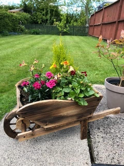 Wooden Wheelbarrow Planter – Rustic Garden Decor w/ Rotating Wheel Heavy Duty