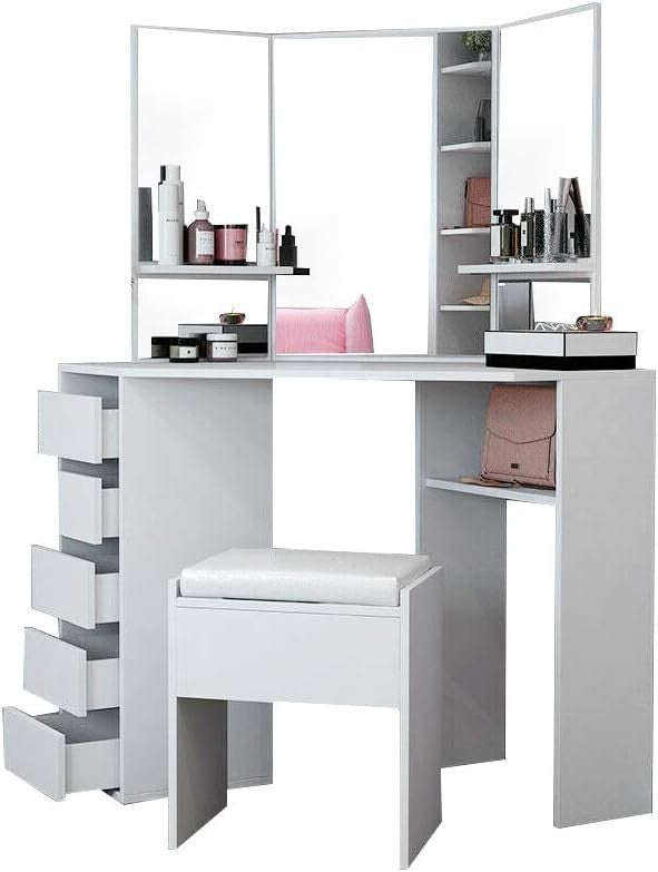 Corner Dressing Table Set White 3-Sided Mirror 5 Drawer MDF Makeup Vanity