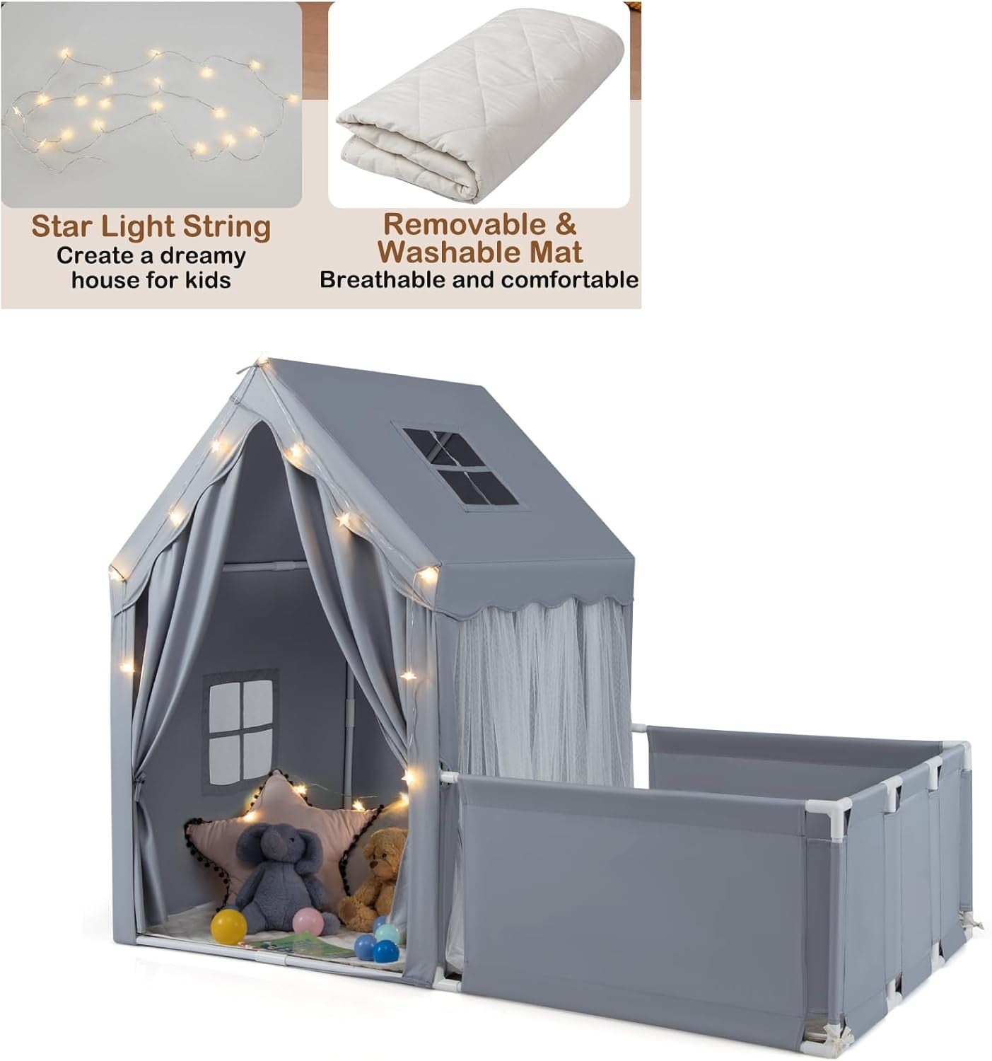 Large Kids Play Tent Grey Castle with Lights Mat Indoor Toddler Playhouse