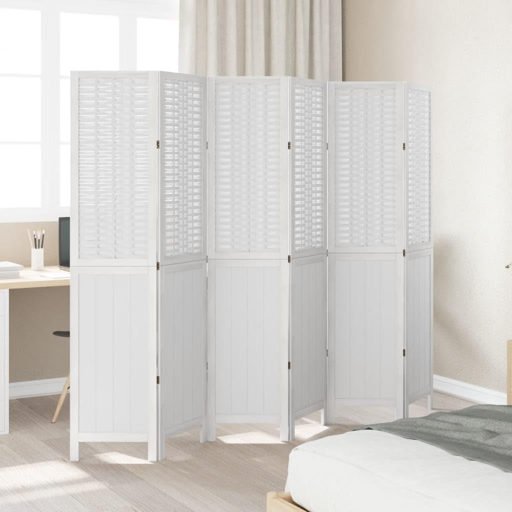 White 6 Panel Folding Room Divider Screen – Solid Wood & Bamboo Privacy Partitio