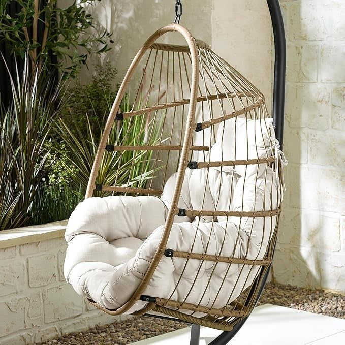 Rattan Hanging Egg Chair Outdoor Swing Seat w/ Cushion & Cover – Garden Patio