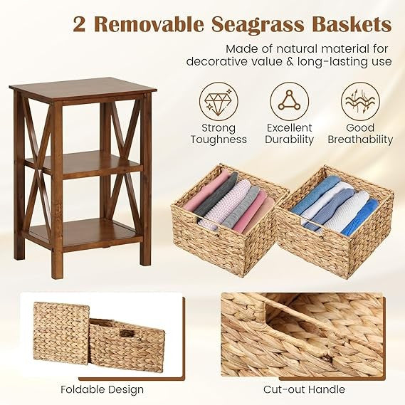 Rustic Bedside Table with Seagrass Baskets | Slim Wooden Nightstand 2-Tier
