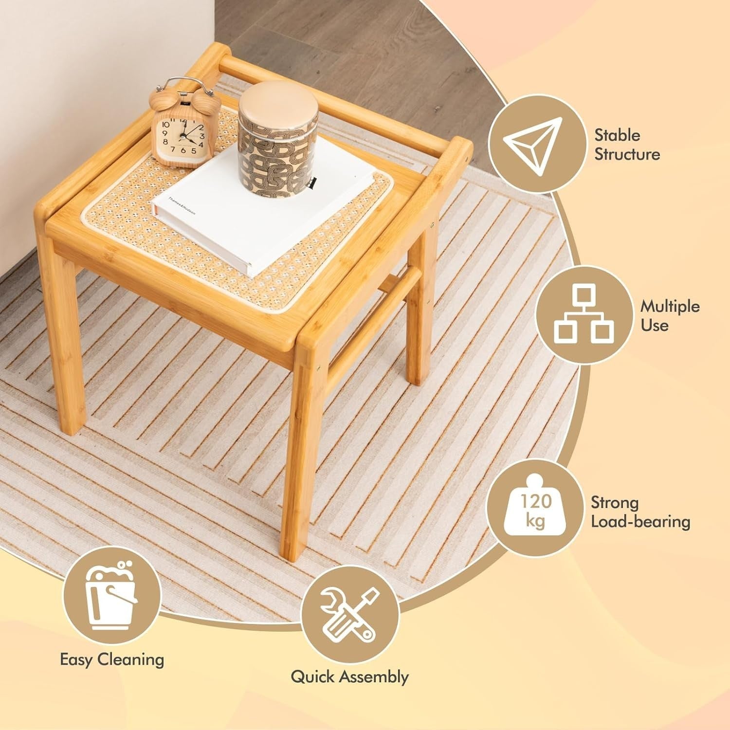 Natural Bamboo Vanity Stool Rattan Top Footrest Dressing Table Seat 38×40×43cm