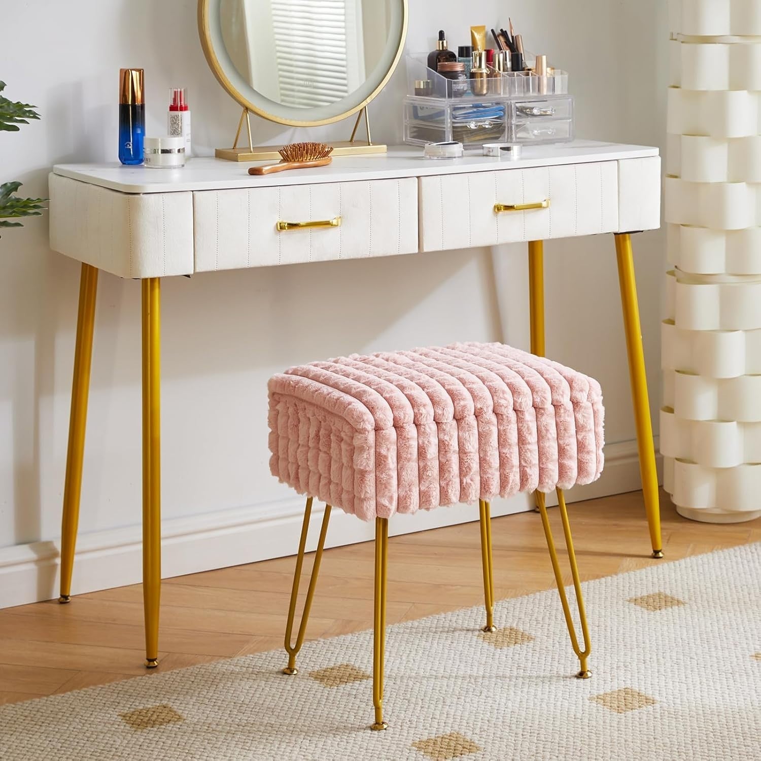 Pink Rectangular Vanity Stool with Storage – Padded Seat & Metal Legs
