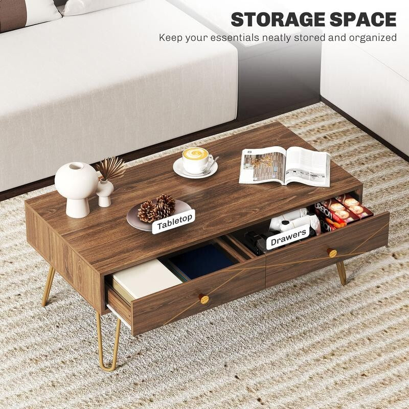 Modern Coffee Table with Storage Drawers & Gold Legs – 100cm, Brown