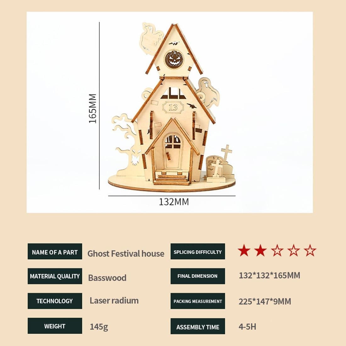 3D Wooden Halloween Ghost House Puzzle Model Kit - Handmade DIY Decor