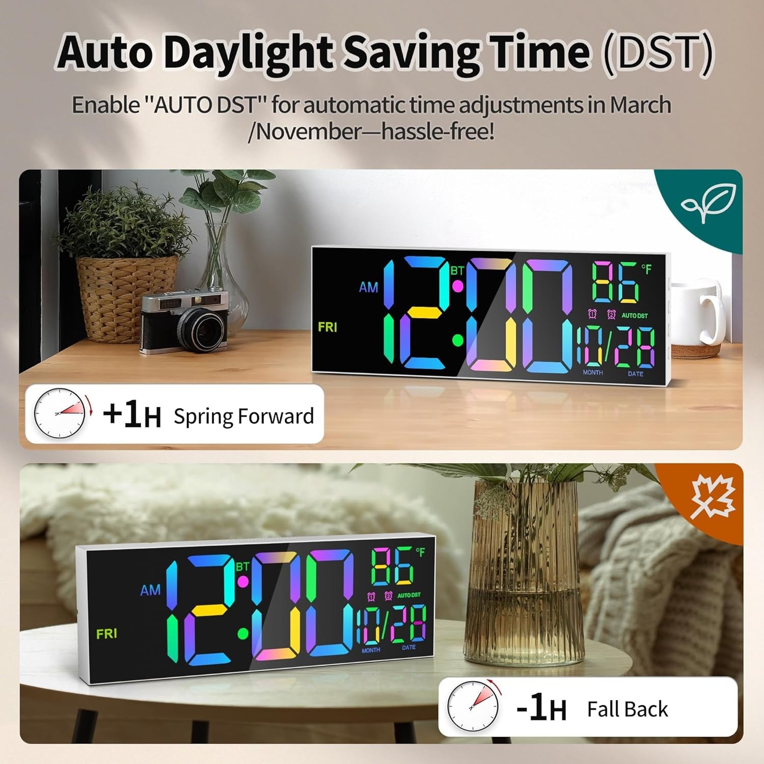 16.5" Large Digital Wall Clock RGB LED Display Temp Date Alarm Remote Sync