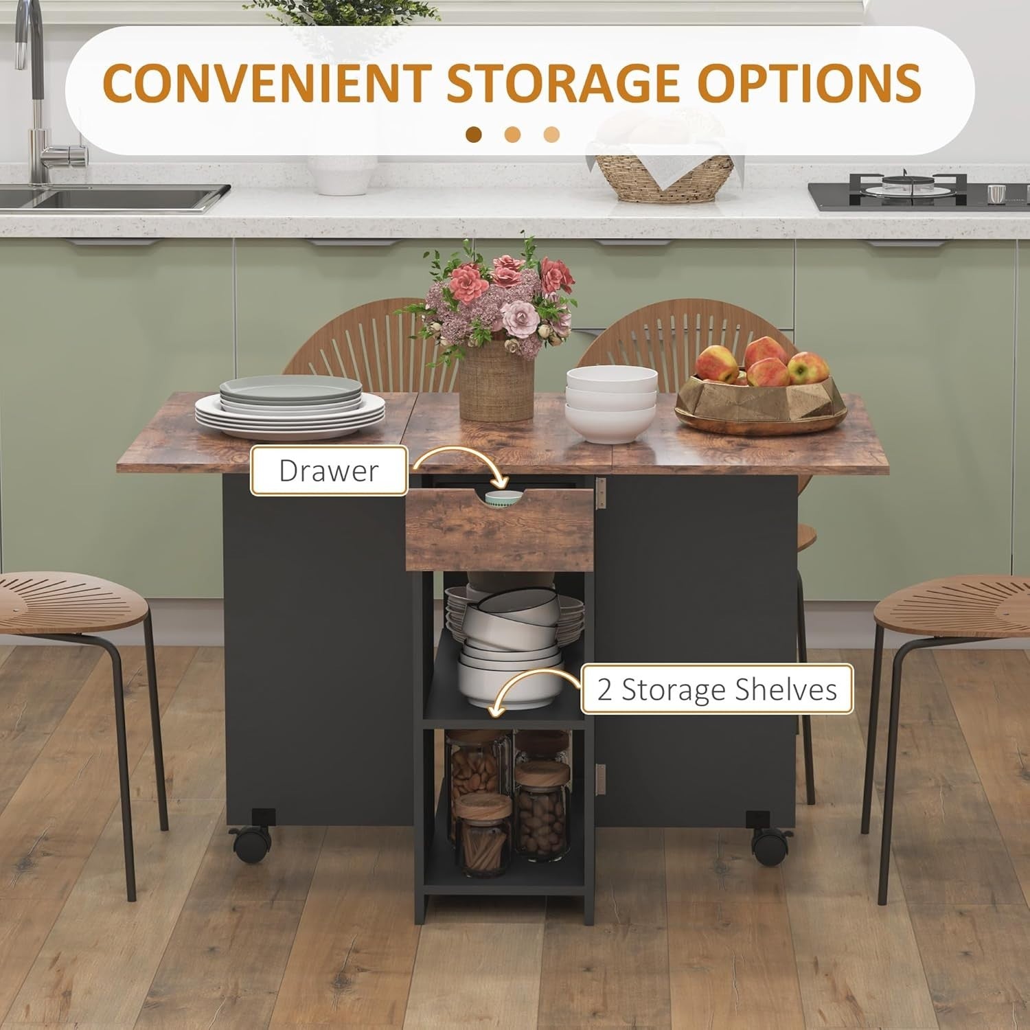 Folding Drop Leaf Dining Table with Drawer Shelves Rustic Brown Space Saver