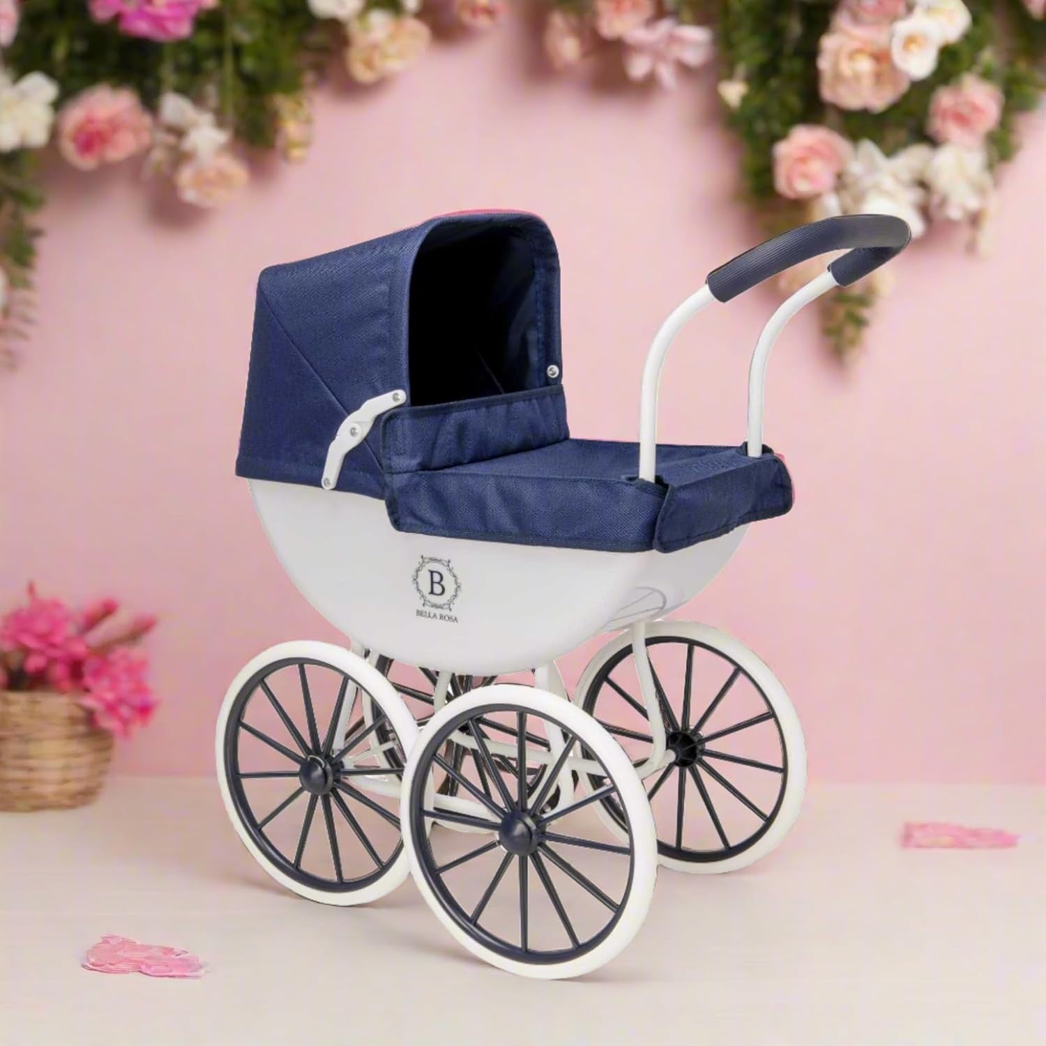 Traditional Dolls Pram Carriage Pushchair Vintage Style White Wheels
