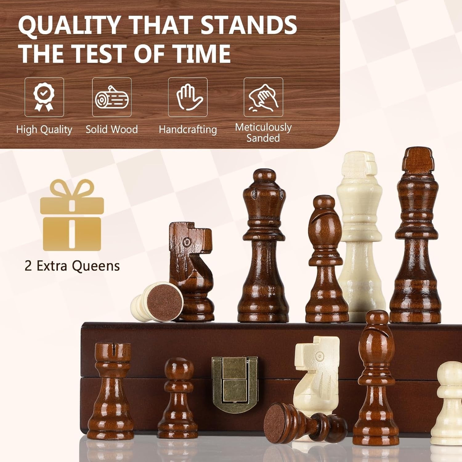 38cm Wooden Magnetic Folding Chess Set with Extra Queens & Storage Case