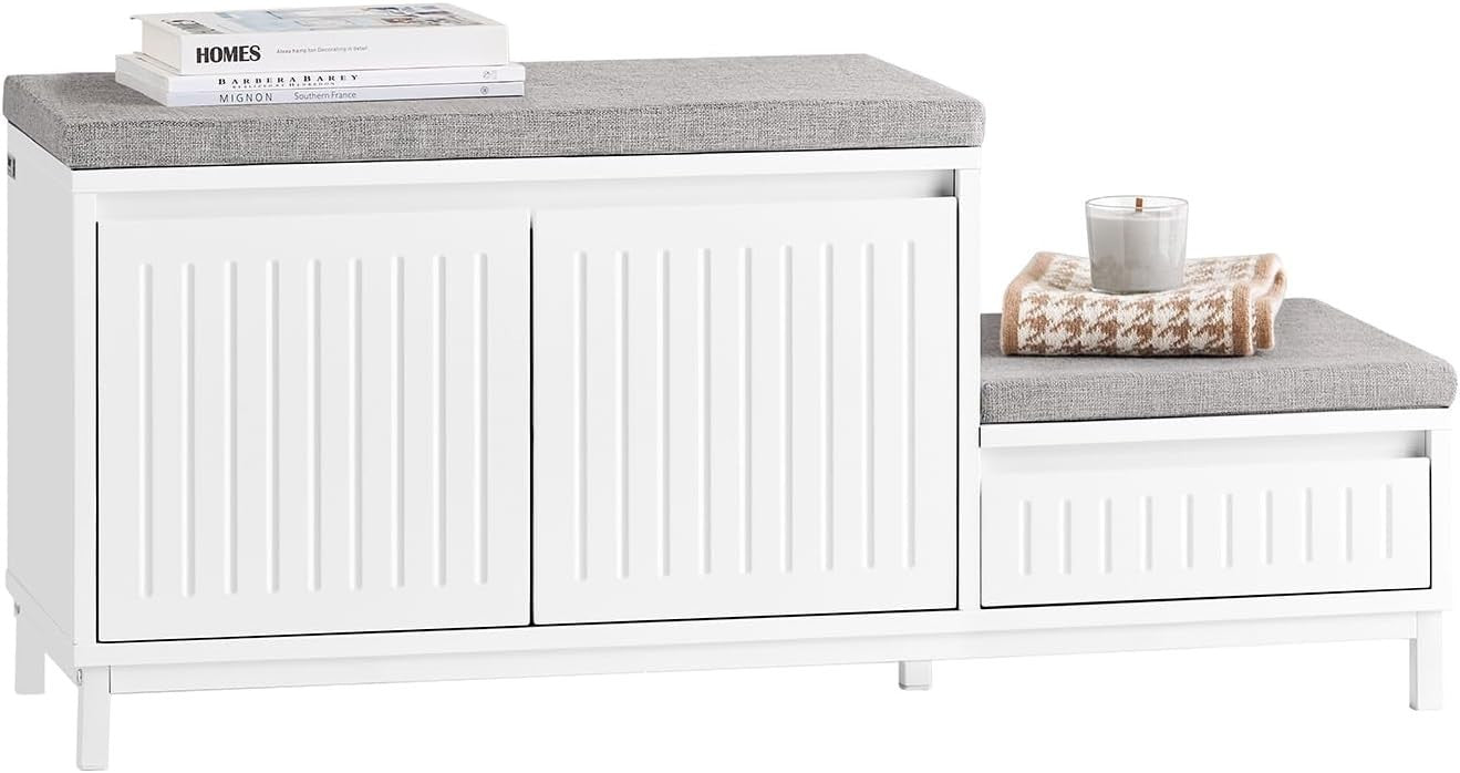 Shoe Storage Bench with Seat – Cushioned 2-Door Hallway Cabinet & Drawer
