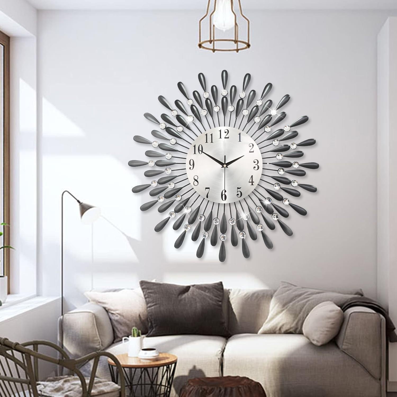 50.8cm Large Diamond Wall Clock – Silent Modern Sunburst Design Black