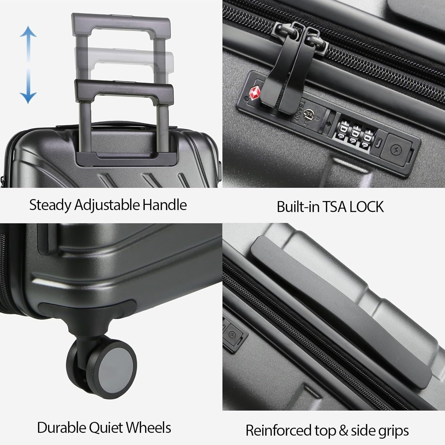 Dark Grey 20 Inch Carry On Suitcase PC Hard Shell Expandable Spinner TSA