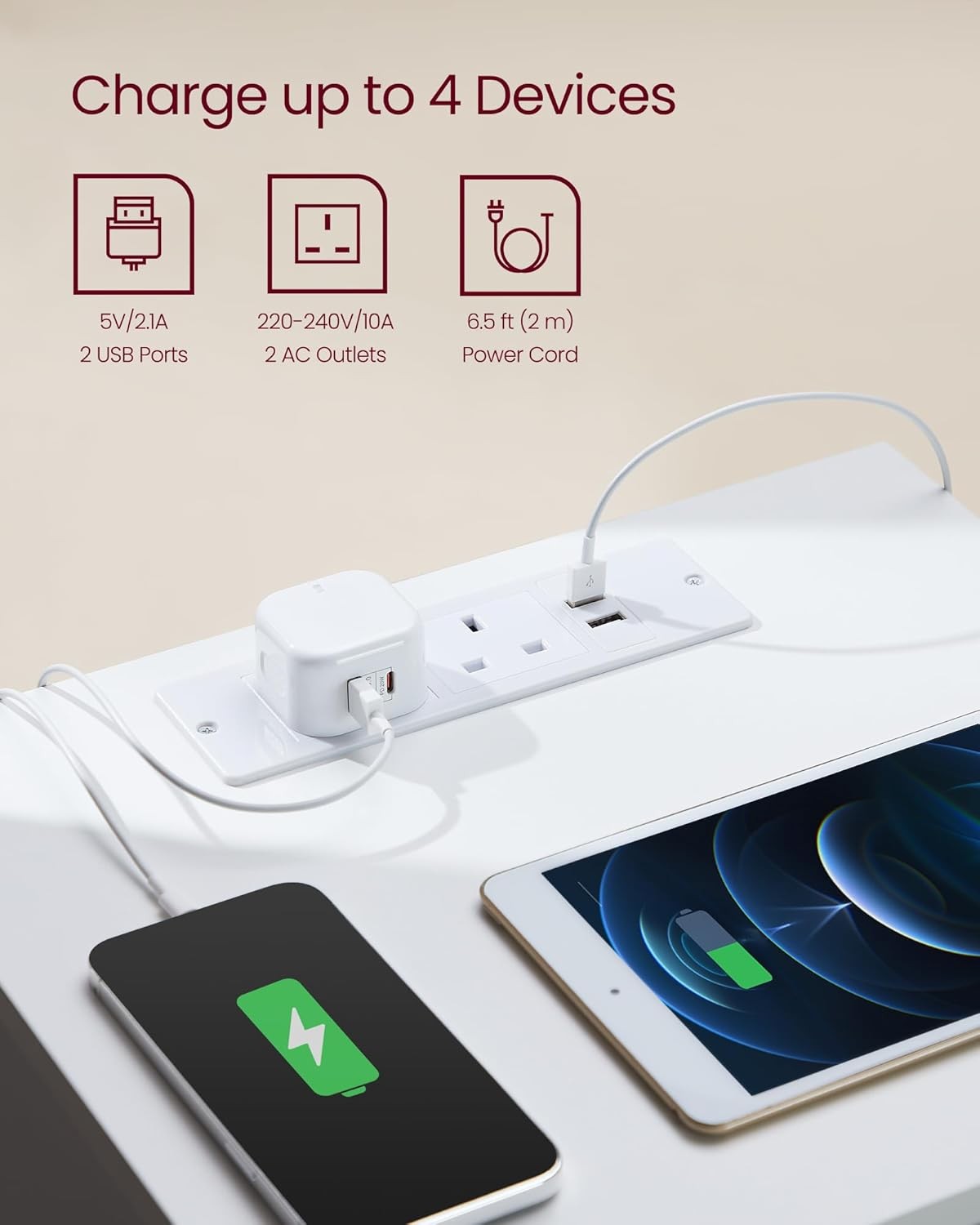 Modern Bedside Table with Charging Station, 3 Drawers, USB & AC Ports, White