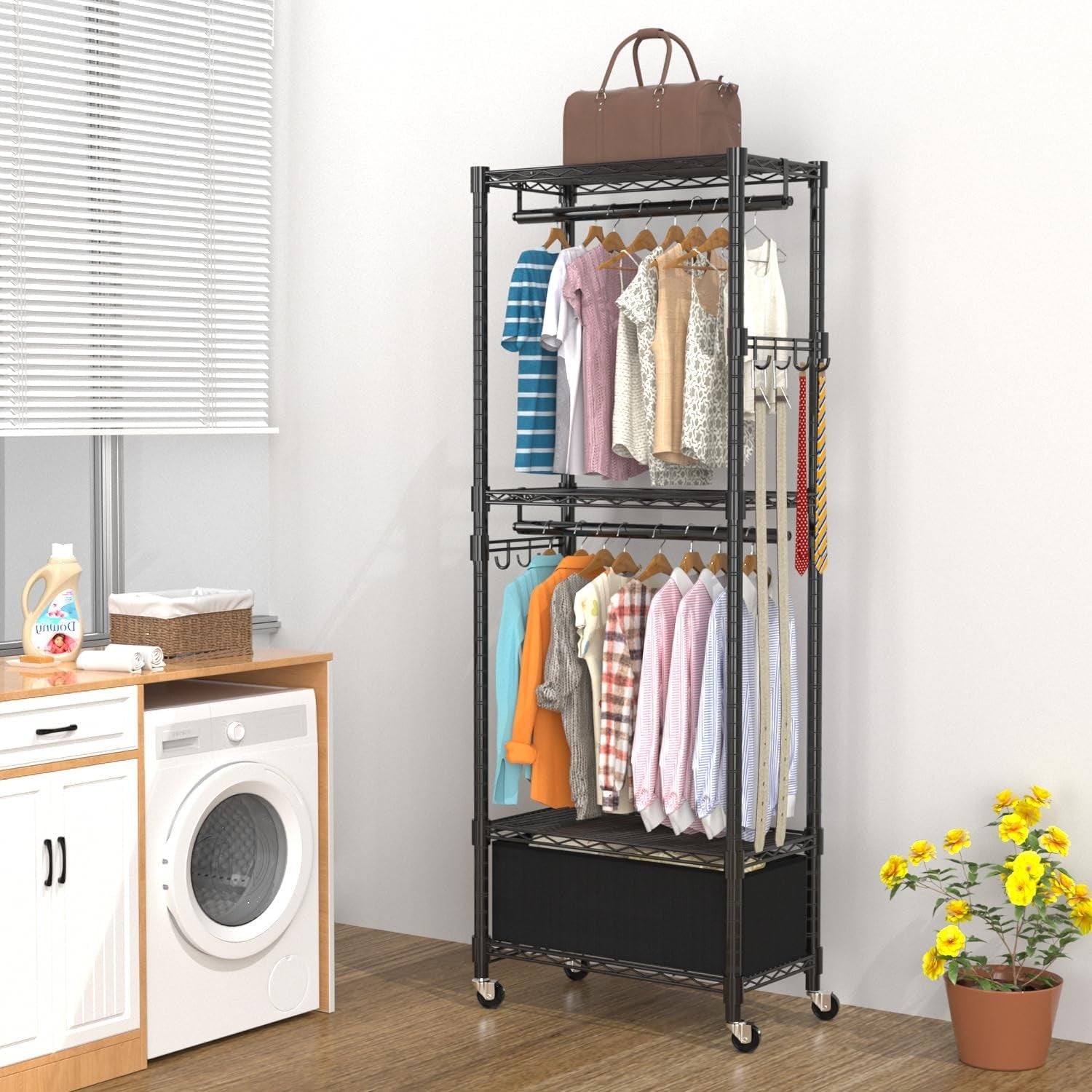 4-Tier Adjustable Clothes Rail with Drawer & Hooks – Black 200cm