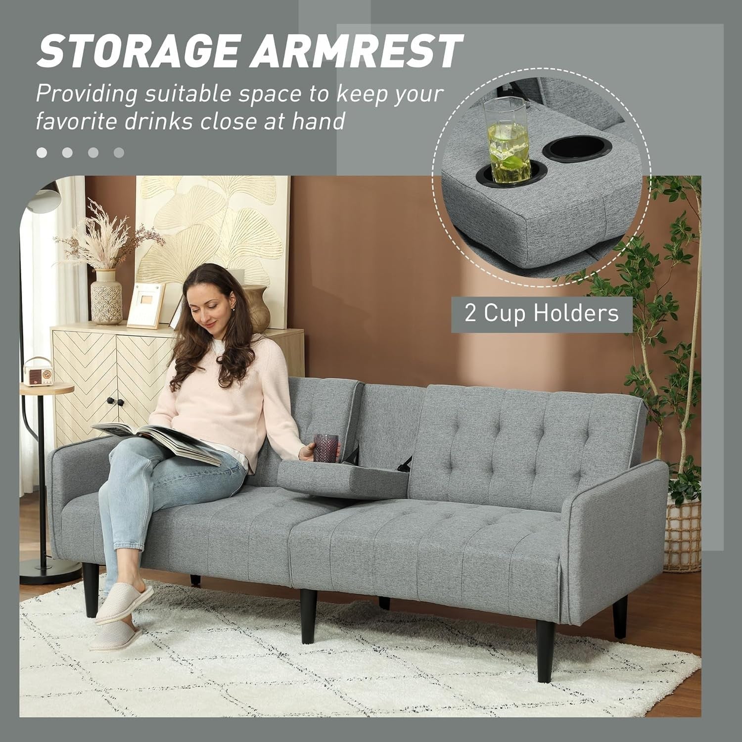 Click Clack Sofa Bed 3 Seater Light Grey Linen Couch w/ Cup Holders