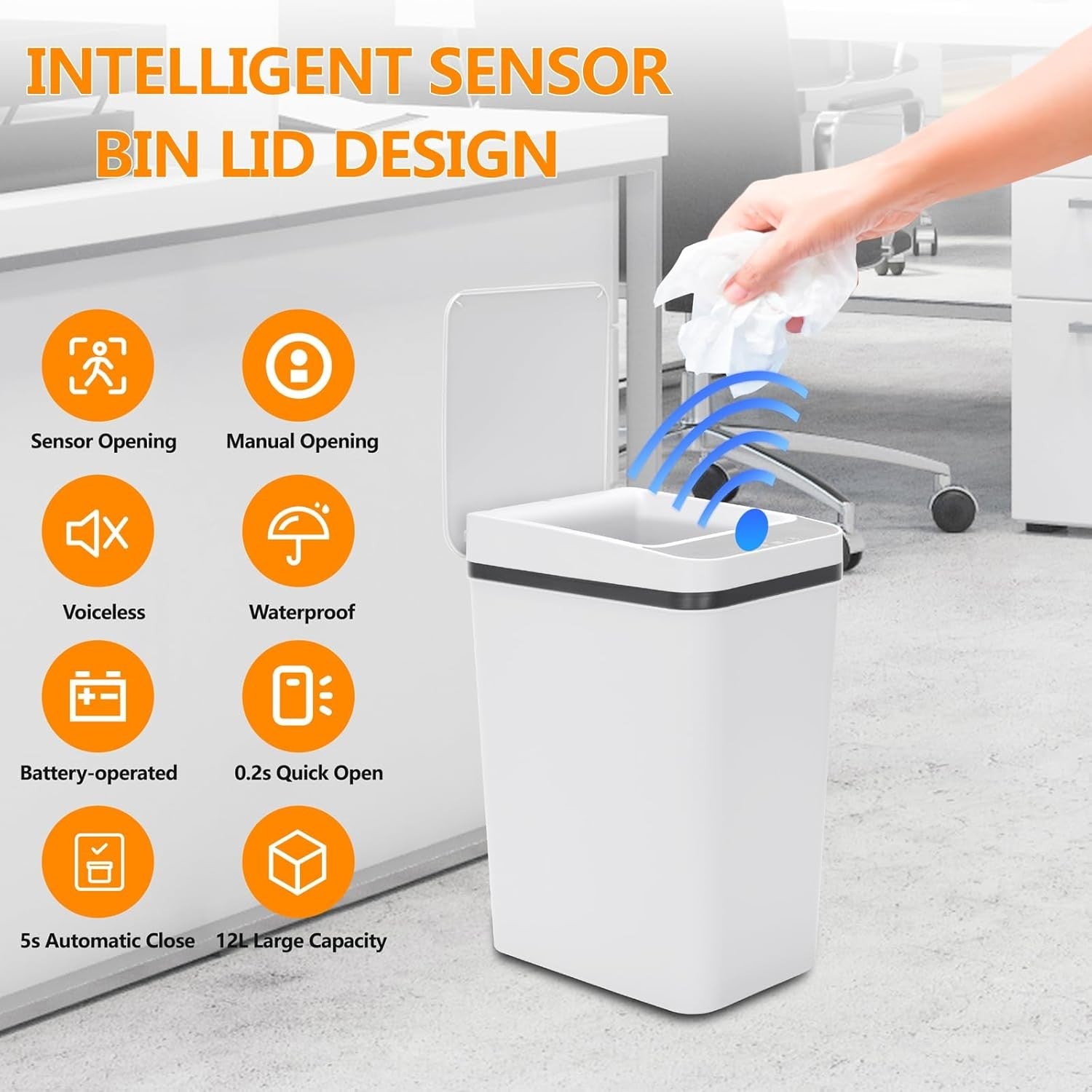 8L Automatic Sensor Bin White Slim Touchless Bathroom Kitchen