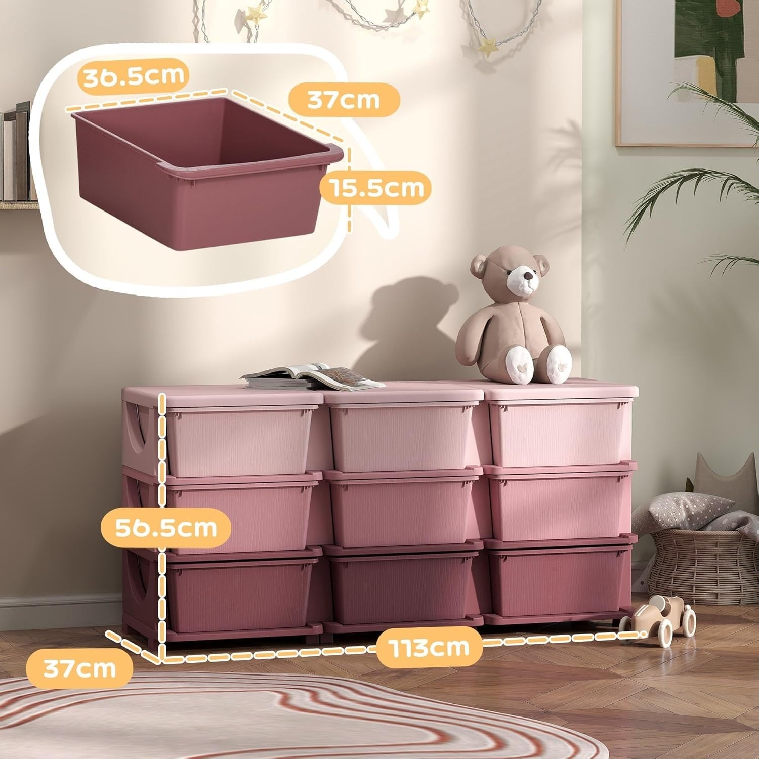Kids 9-Drawer Storage Unit Toy Organizer Chest with Safe Rounded Corners Pink