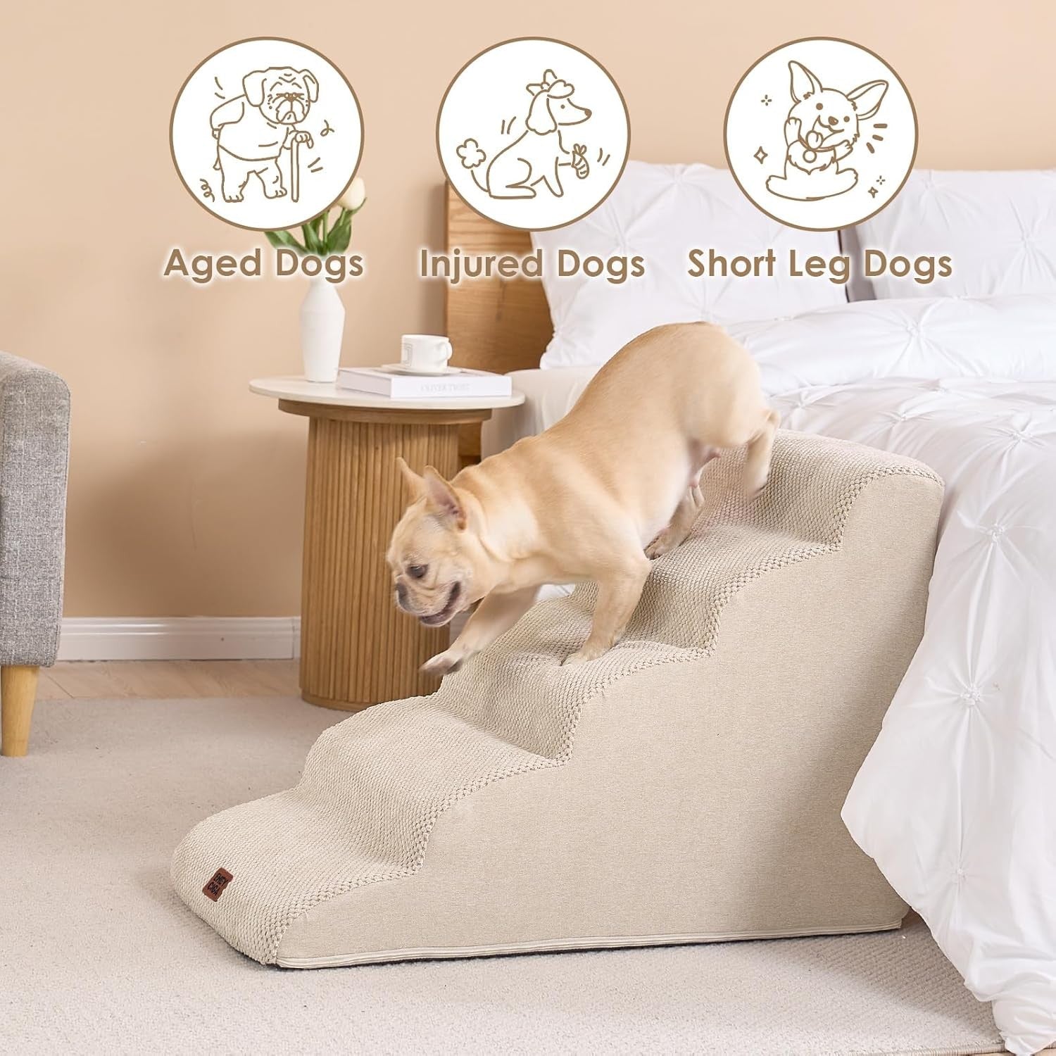 5 Step Dog Stairs for High Bed Non Slip Foam Pet Steps Washable Cream