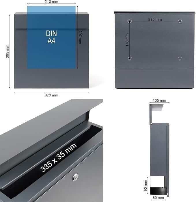 Wall Mounted Letter Box Dark Grey V49 Lockable Mailbox with Newspaper Holder