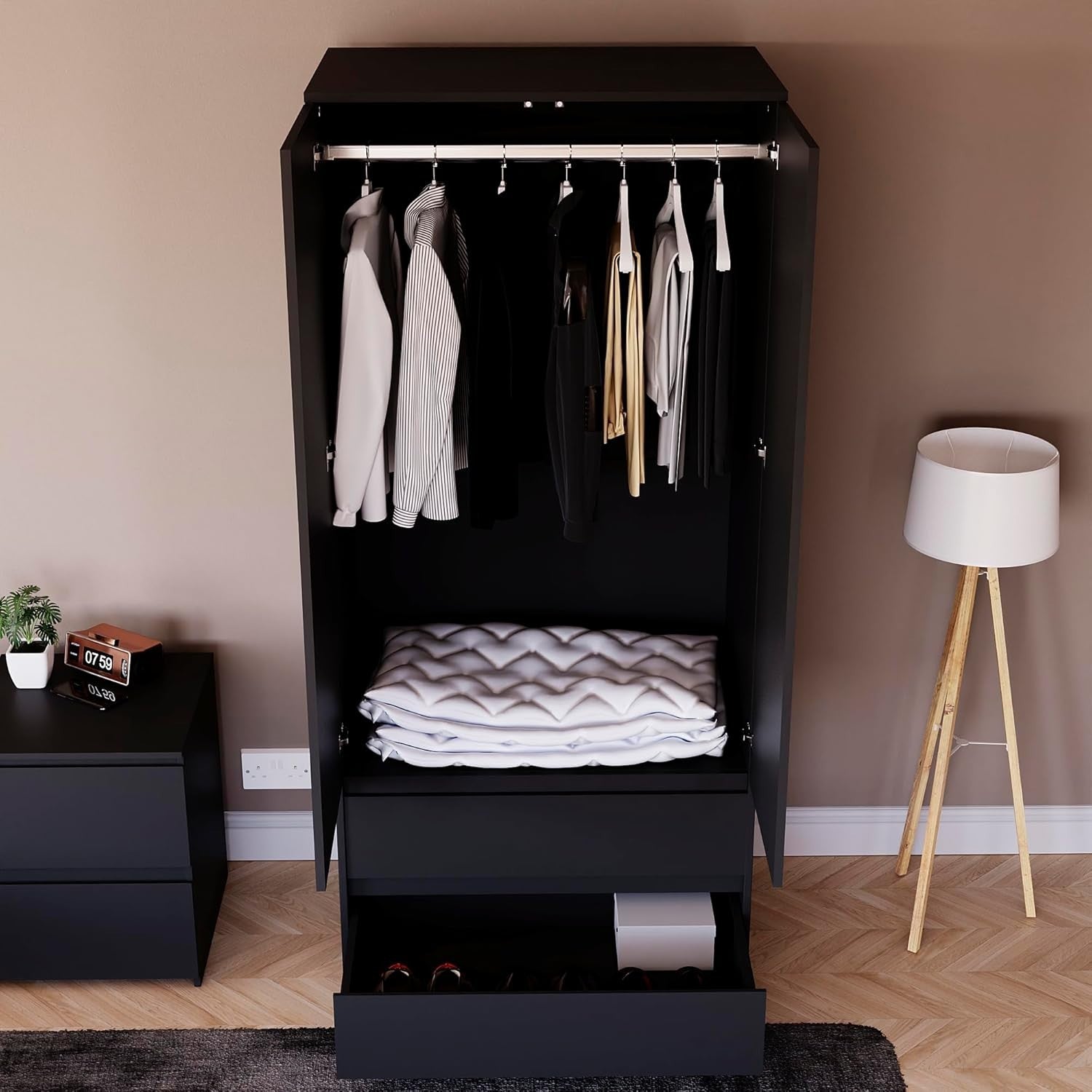 Modern 2 Door Black Wardrobe with 2 Drawers & Versatile Hanging Rail