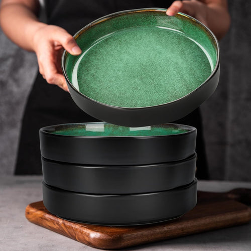 4pc Large Pasta Bowls 1000ml 22cm Deep Porcelain Plates Green Set