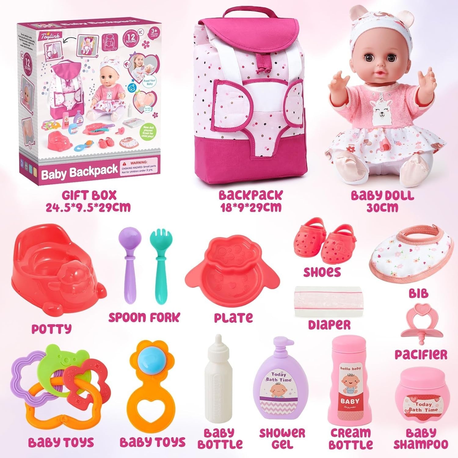 36cm Baby Doll Playset w Backpack Changing Bag Bath Feeding Toys