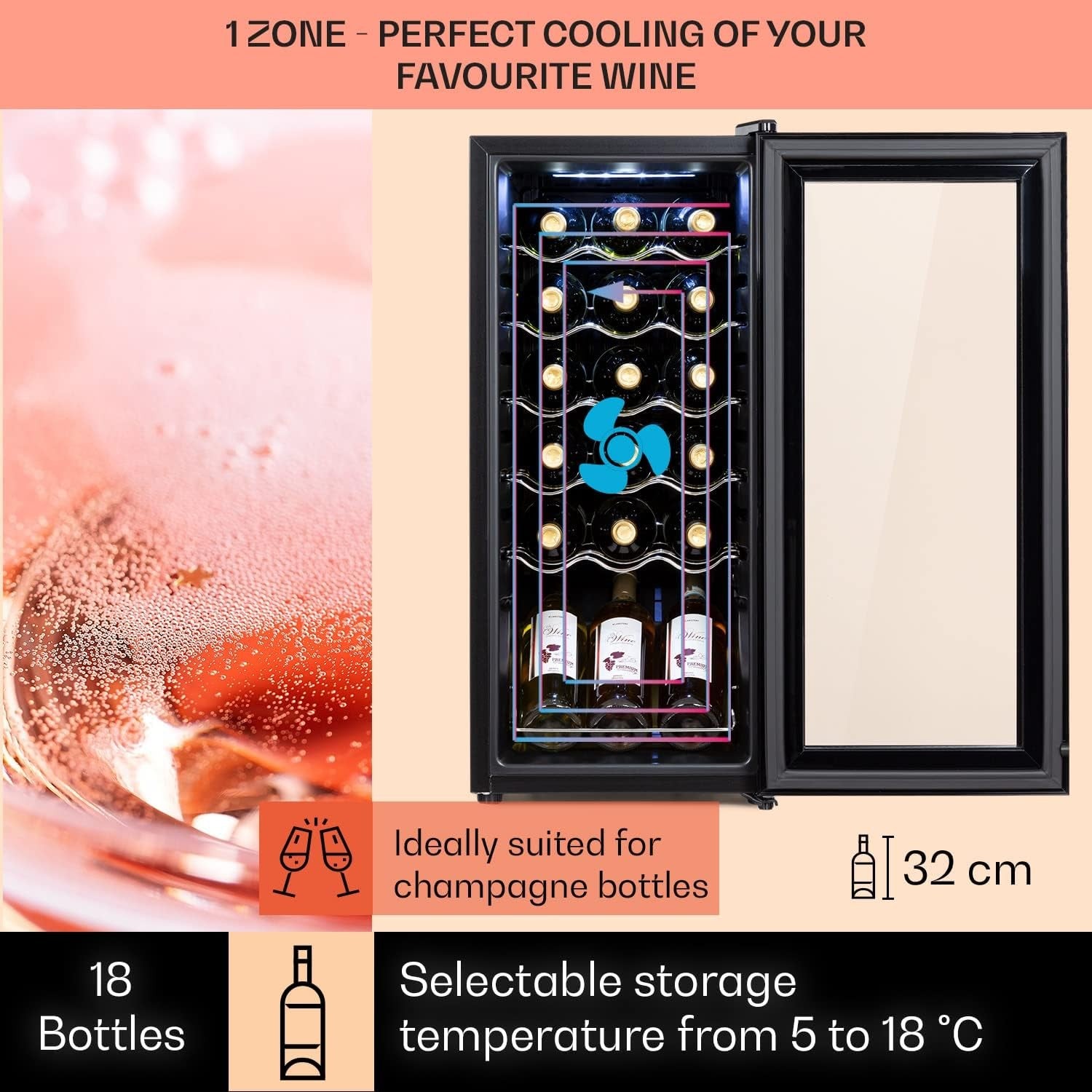 Wine Cooler Fridge 18 Bottle Glass Door Single Zone Slim Freestanding Black