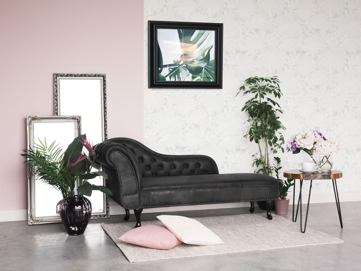 Left Hand Chesterfield Chaise Lounge Faux Suede Black Sofa 169cm Elegant Tufted