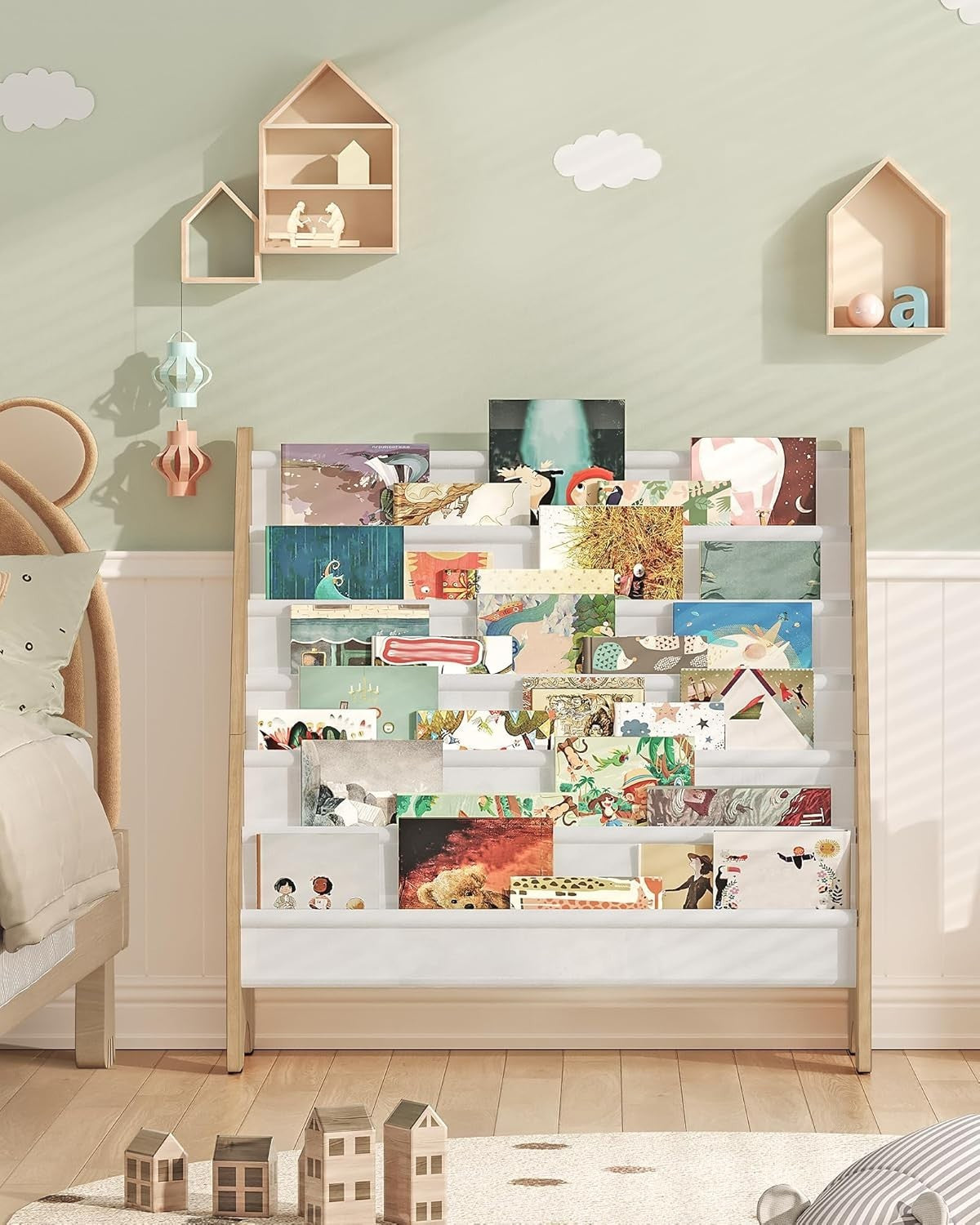 6 Tier Kids Bookshelf White Natural Sling Book Organizer Large Capacity