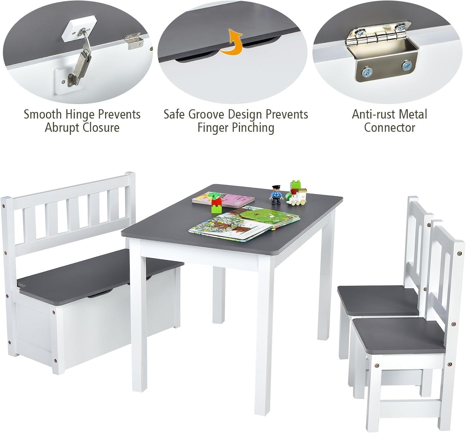 Kids Wooden Table Chair Set with Storage Bench – Grey Toddler Activity Desk