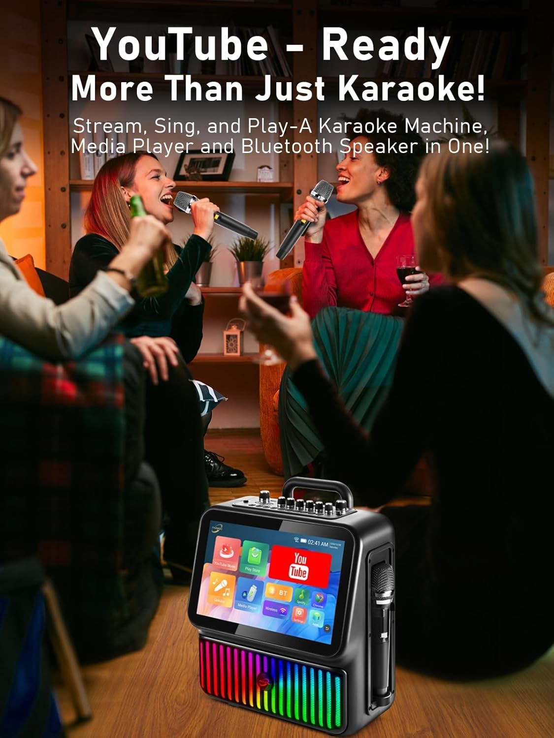 Portable Bluetooth Karaoke Machine 2 Wireless Mics DJ Lights