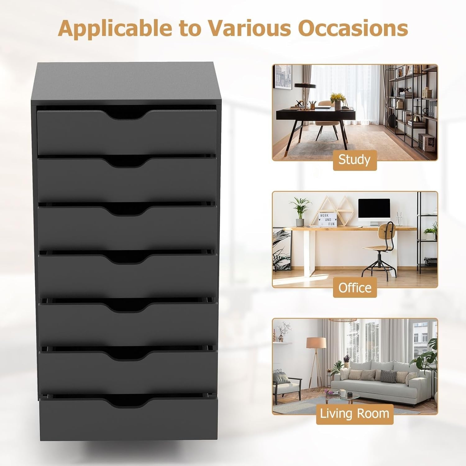 Black Mobile Filing Cabinet 7 Drawer Storage Unit with Wheels for Home Office