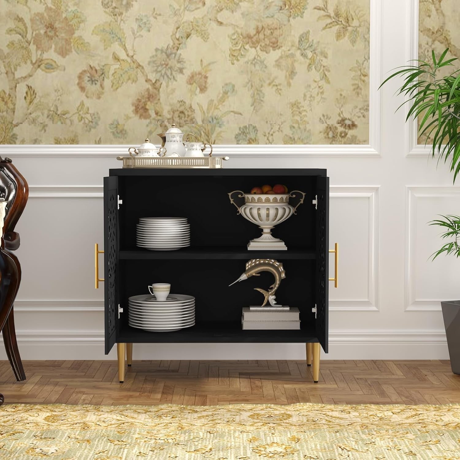 Black Vintage Sideboard Cabinet 2 Door Carved Storage Unit Hallway Accent