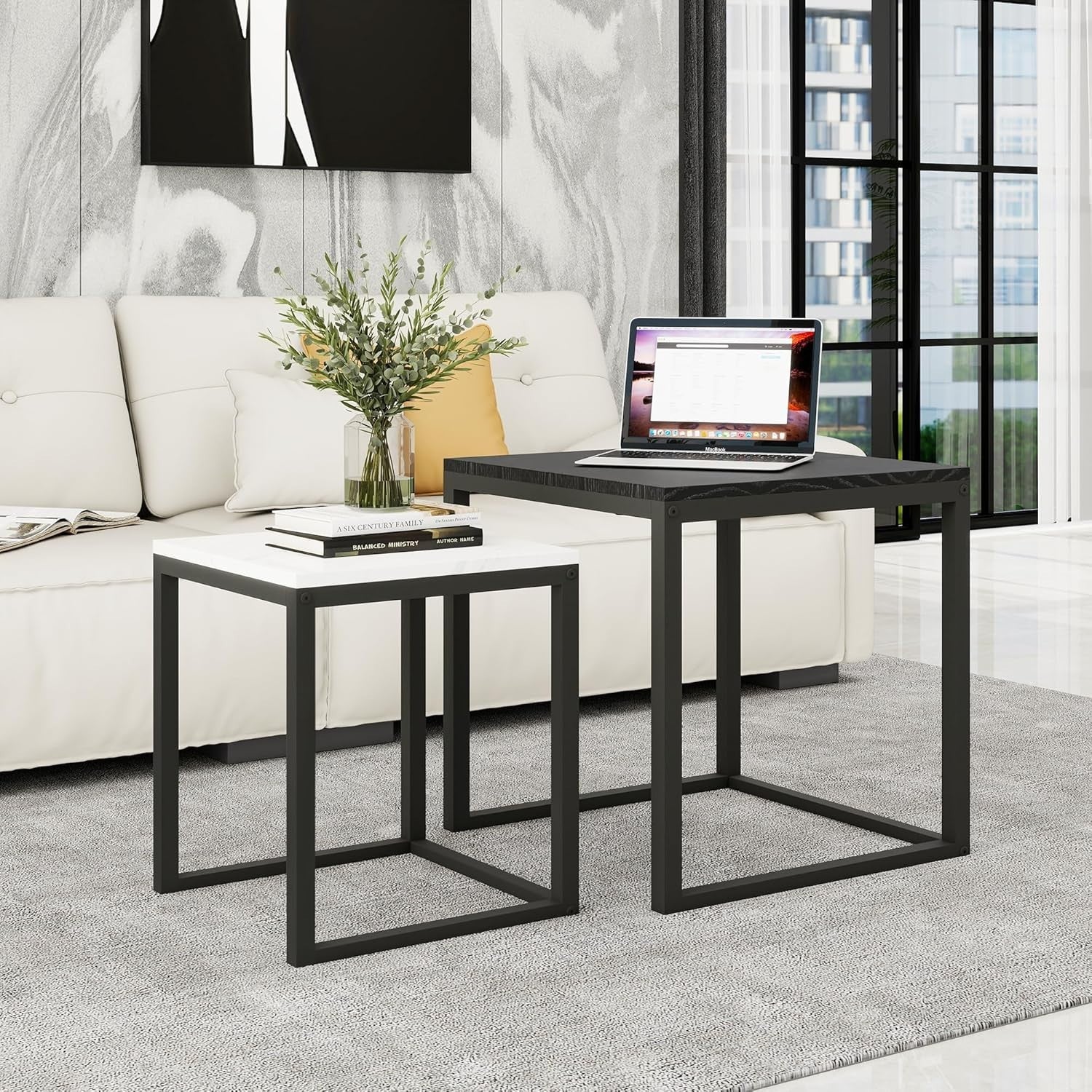 Nesting Coffee Table Set Modern 2PCS Black White Side End Tables Metal Wood
