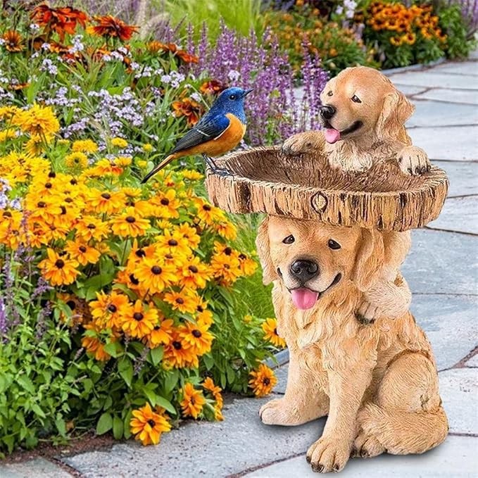 Dog Bird Bath Feeder – Polyresin Garden Ornament Outdoor Animal Sculpture Décor