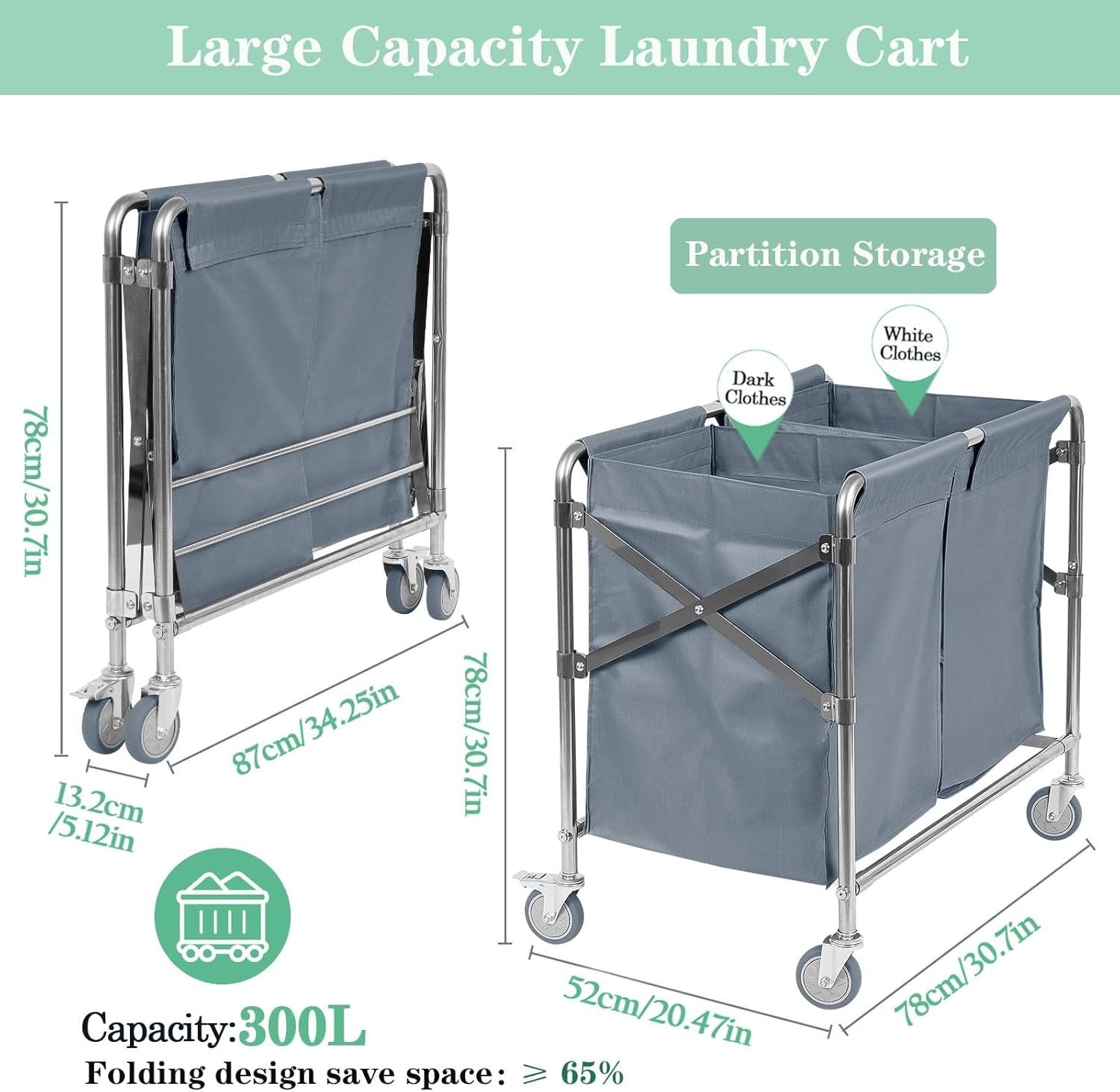 300L Heavy Duty 2-Section Laundry Trolley on Wheels | Commercial Folding Laundry