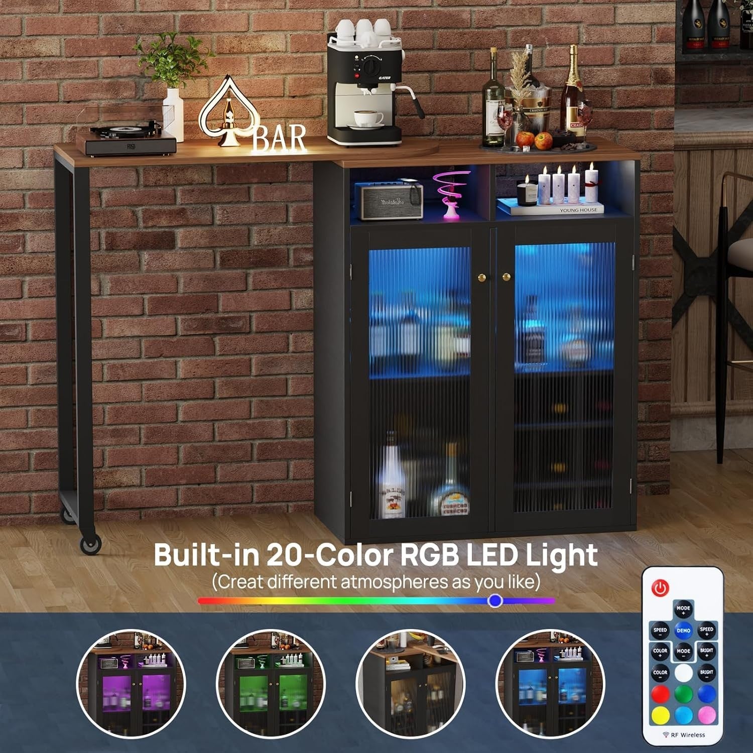 L-Shaped Home Bar Cabinet with LED Lights & Power Outlets, Wine Storage & Shelve