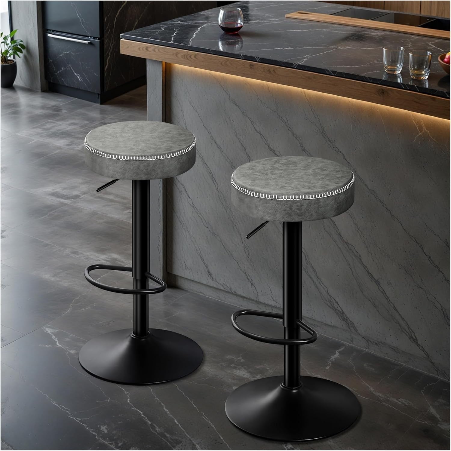 Adjustable Grey Bar Stools Set of 2 Swivel Faux Leather 36x36x85.5cm
