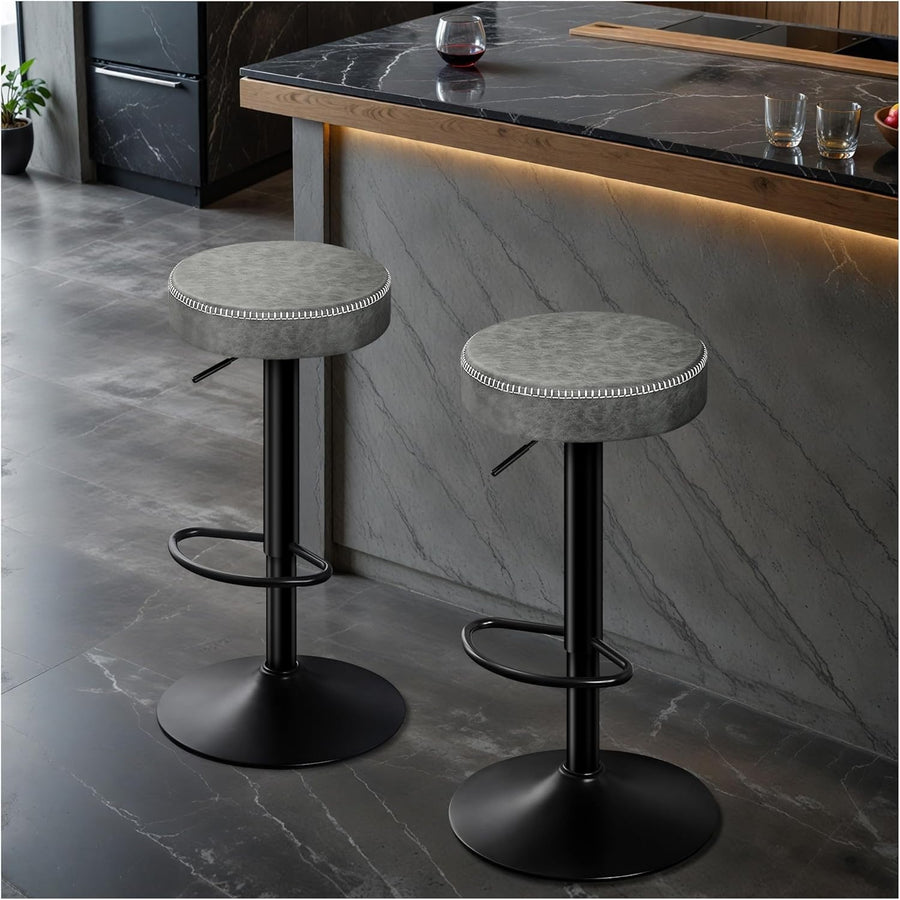 Adjustable Grey Bar Stools Set of 2 Swivel Faux Leather 36x36x85.5cm