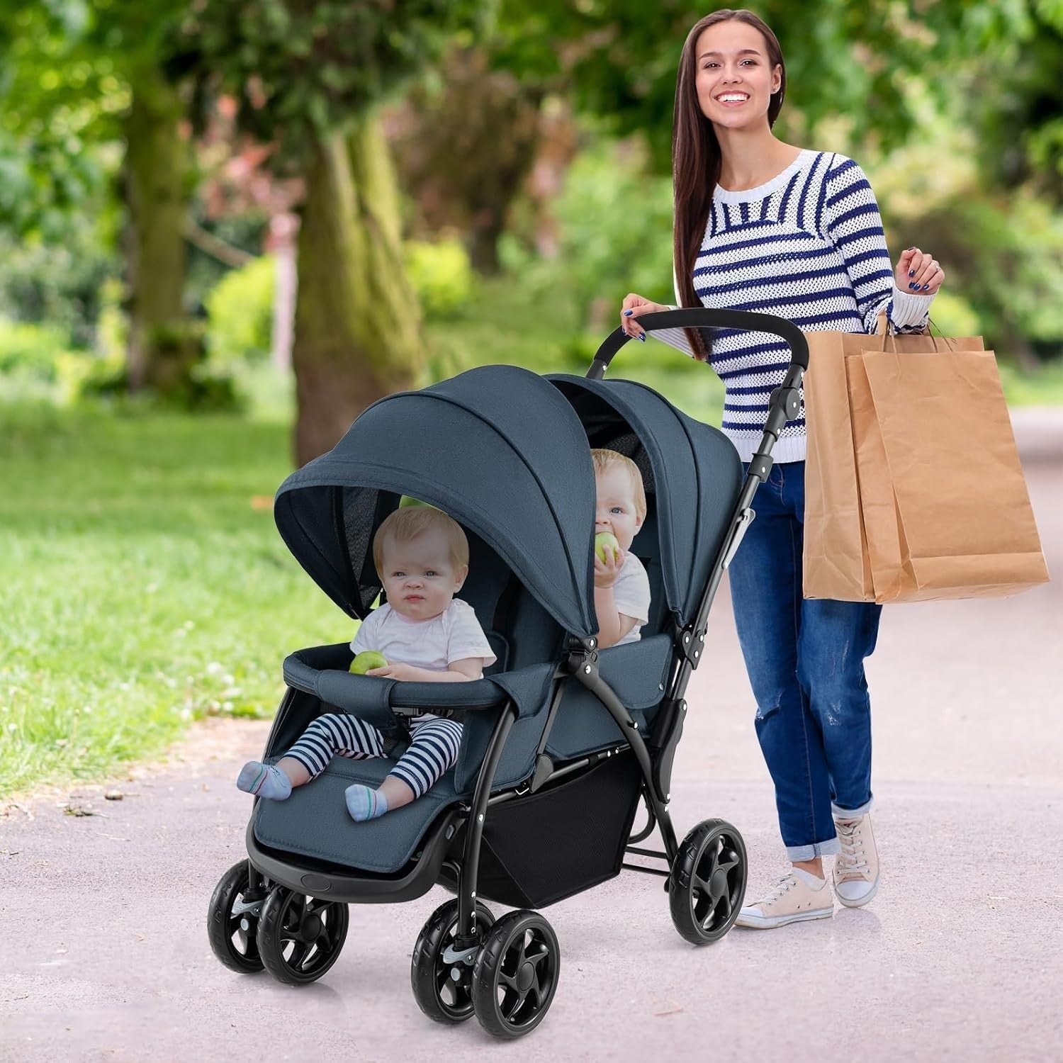 Navy Blue Double Baby Stroller Tandem Pushchair Foldable 30kg