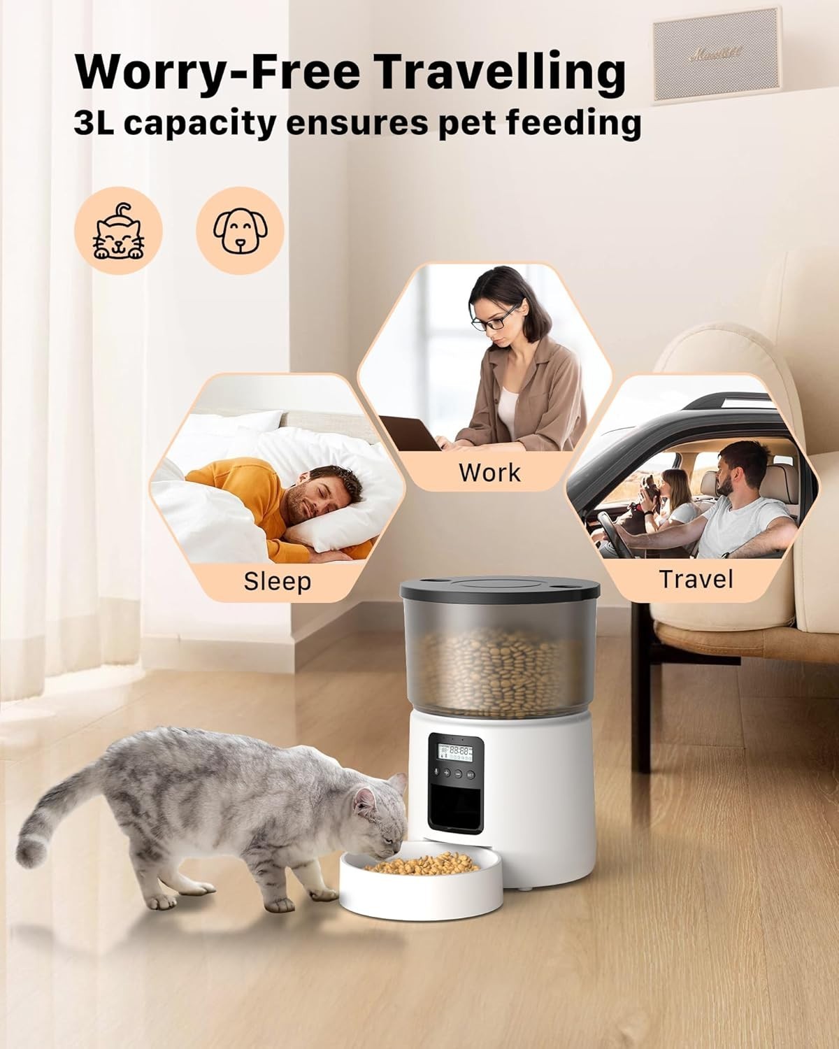 Automatic Cat Feeder 3L Timer Food Dispenser 6 Meal Voice Recorder White