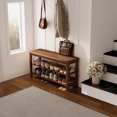 Large Wooden Shoe Bench with Adjustable Shelves | 2-Tier Walnut Entryway Rack