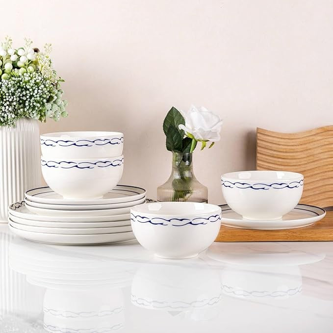 12pc Porcelain Dinnerware Set Plates Bowls Reactive Glaze Service for 4