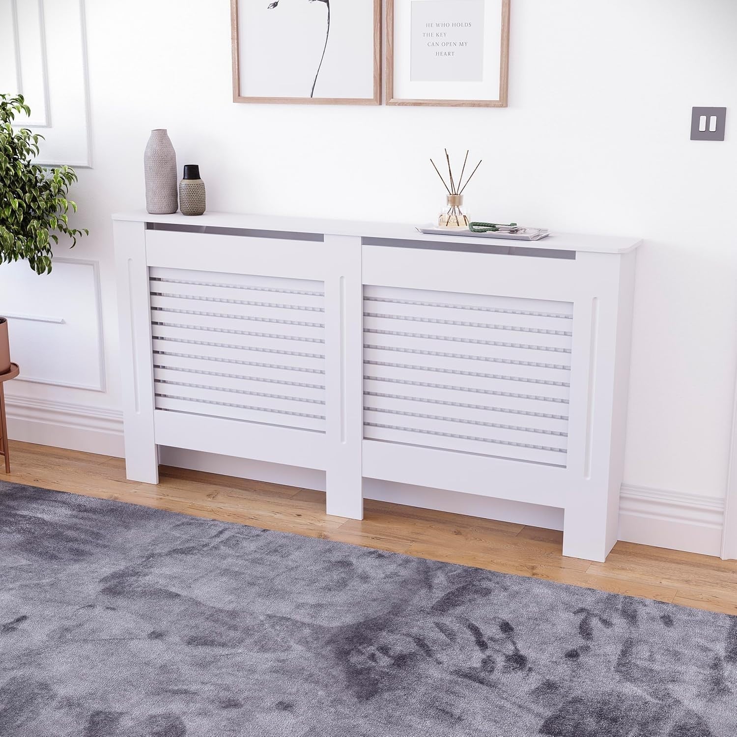 Large White Radiator Cover 152cm Modern MDF Heating Cabinet with Shelf