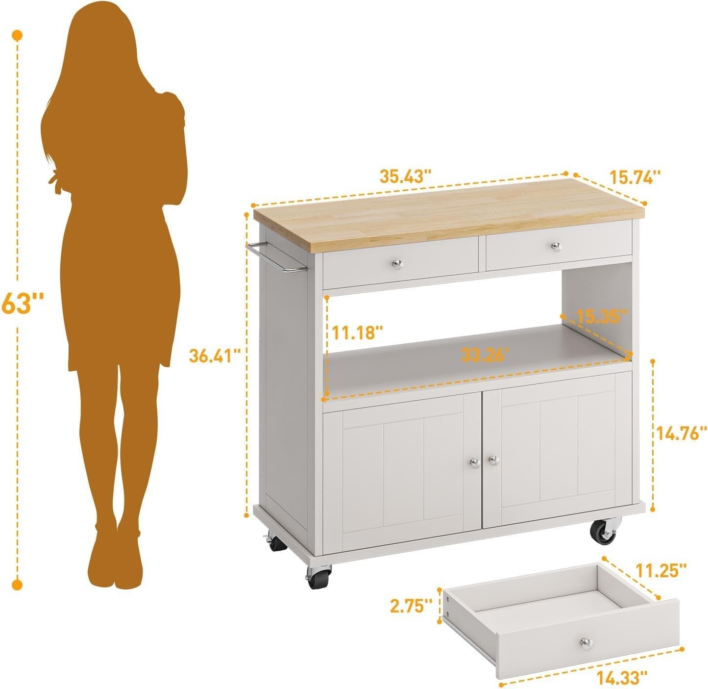 Rolling Kitchen Island Cart with Dual-Top, Drawers & Lockable Wheels 90x40x92cm