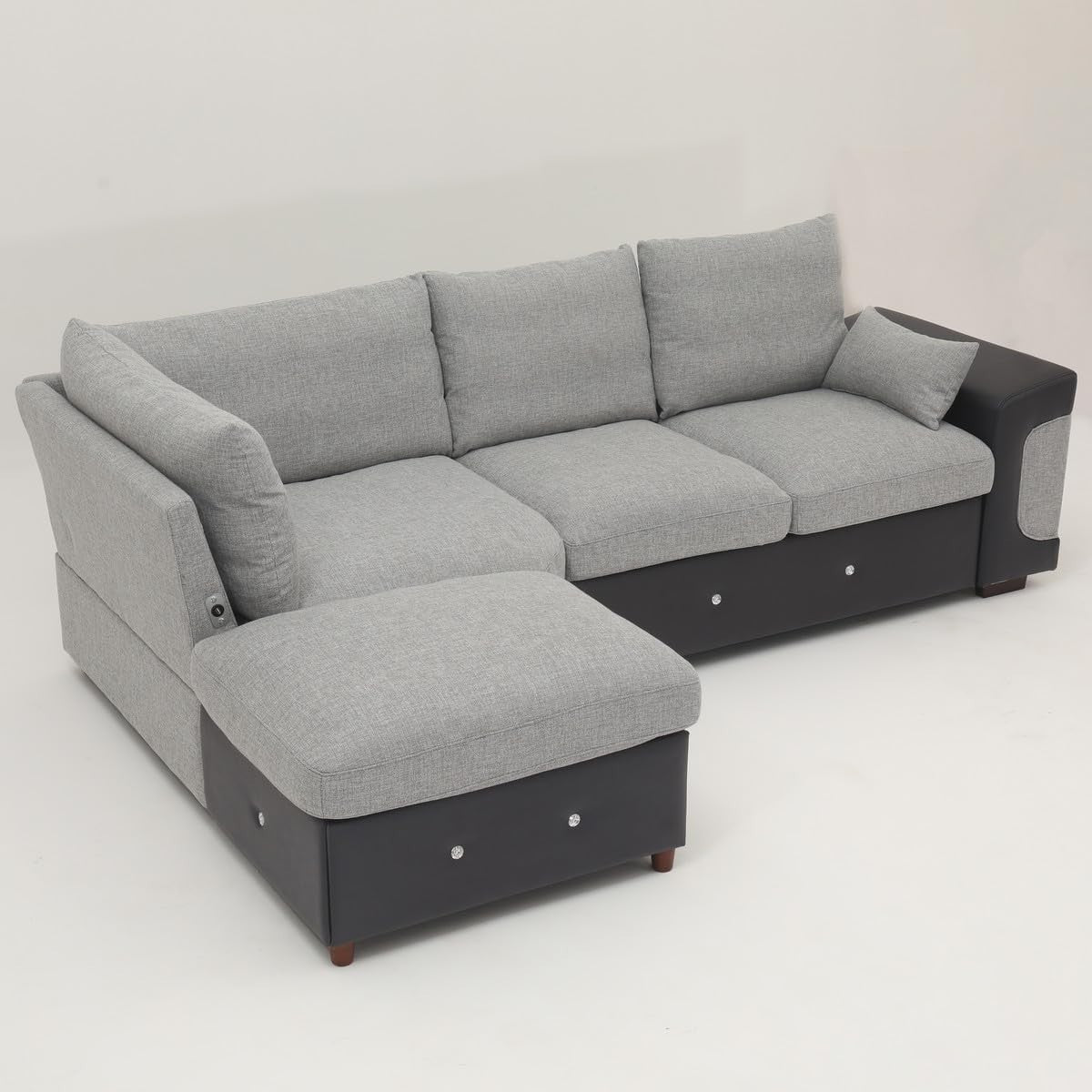L-Shape 4 Seater Corner Sofa with USB Port Chaise – Linen & Faux Leather